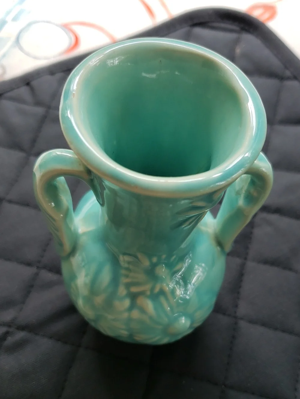 Aqua Glazed Floral Relief Double-Handled Vase Usa